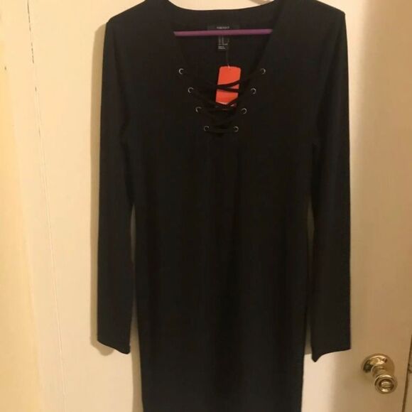 Black Lace Up Front Mini Bodycon Dress​ - Picture 2 of 4